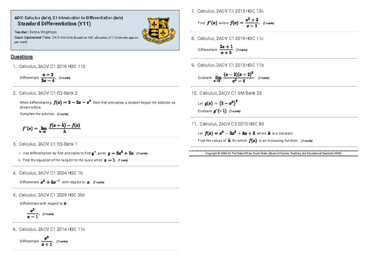 Differentiation Solutions for 2ADV C1 HSC Exam Preparation - Studocu