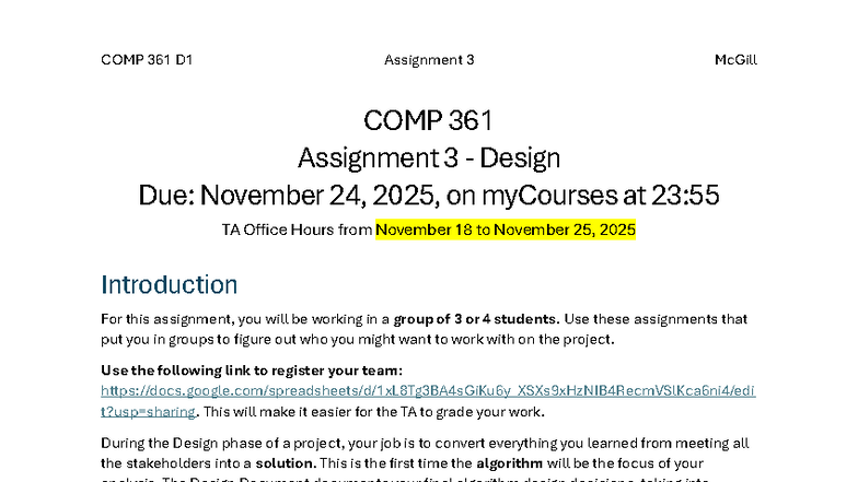 COMP 361 D1 Assignment 3: Design Document for Fall 2025 - Studocu