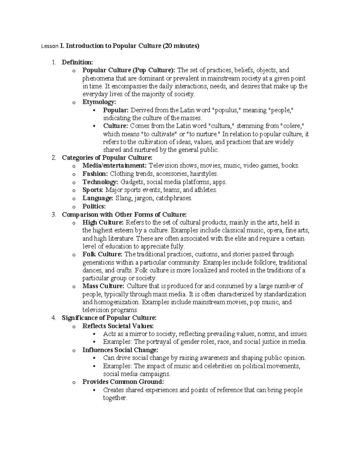 Lesson-I - Lecture notes - Lesson I. Introduction to Popular Culture ...