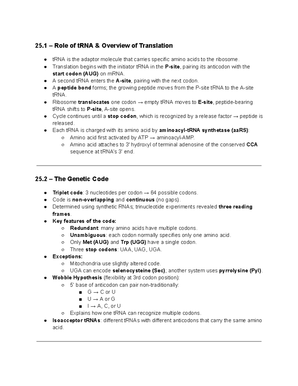 Lecture Notes: tRNA and Translation Overview - Studocu