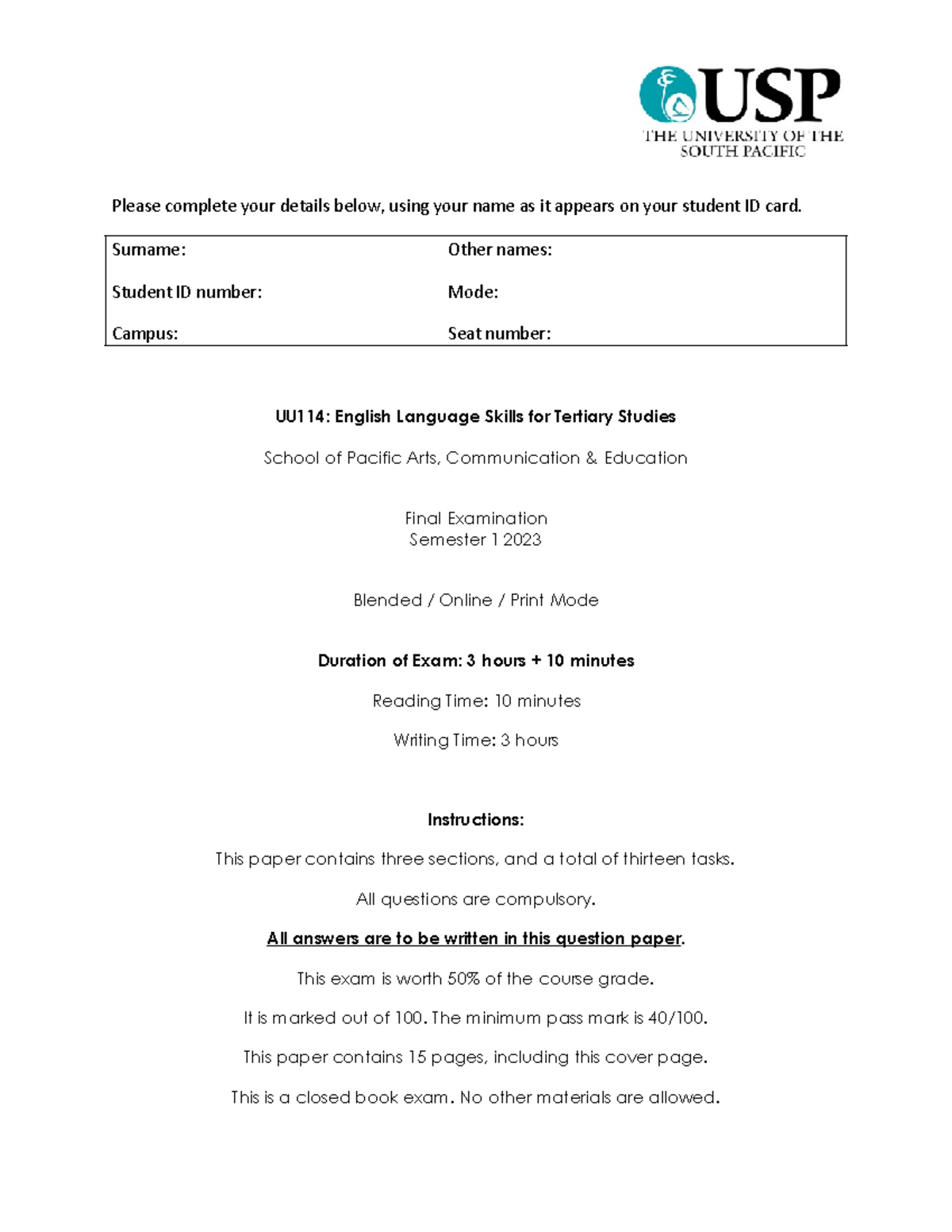 UU114 Final Exam Guidelines & Instructions - English Language Skills ...