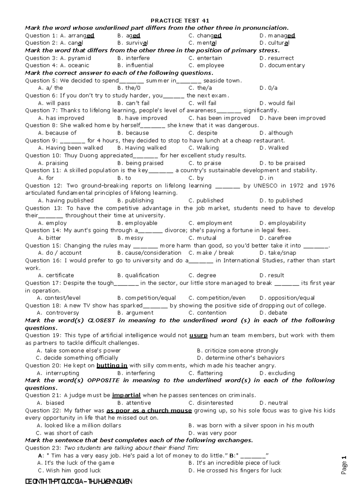 Practice Test 41-42: English Language Proficiency Evaluation - Studocu