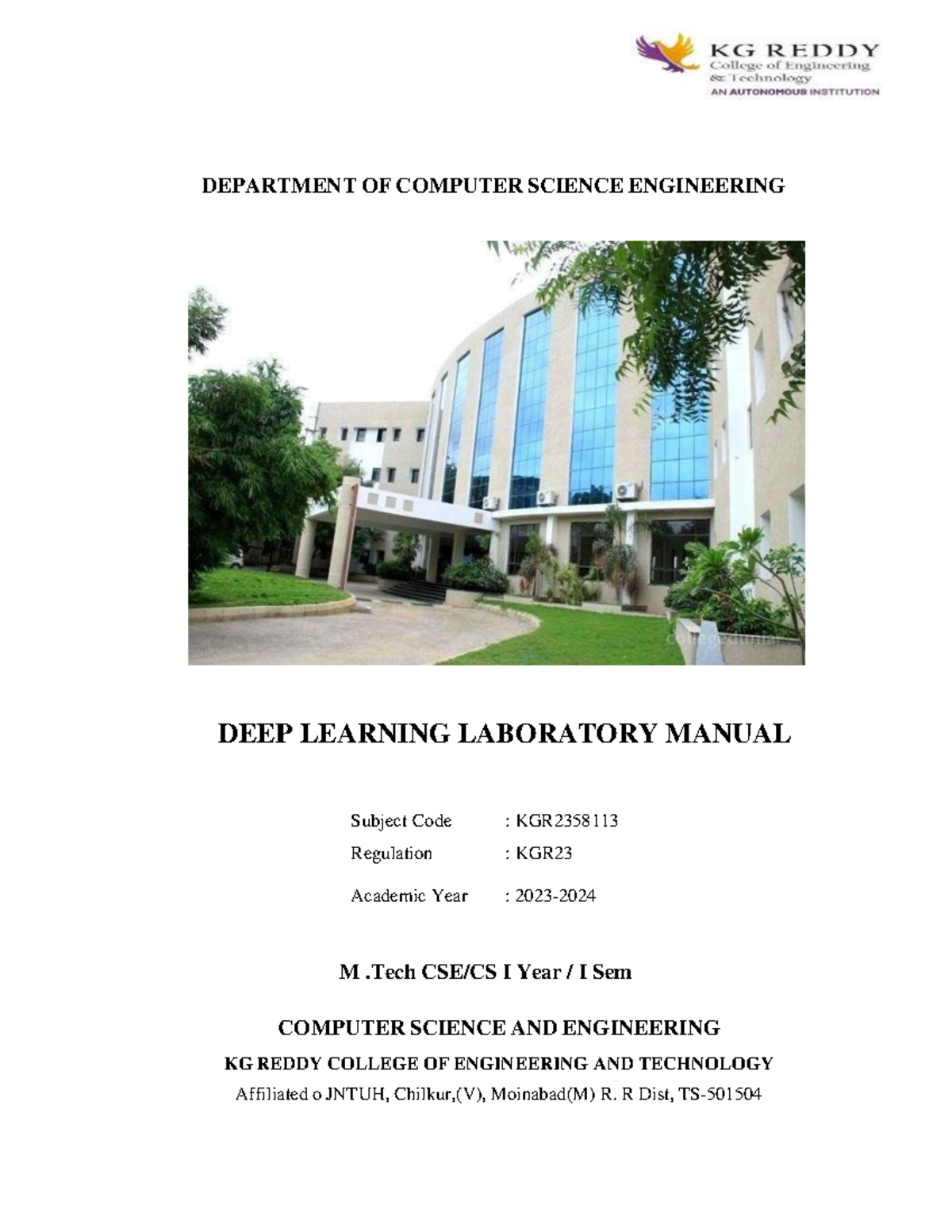 Deep Learning Lab Manual - KGR2358113 - M.Tech I Year I Sem - Studocu