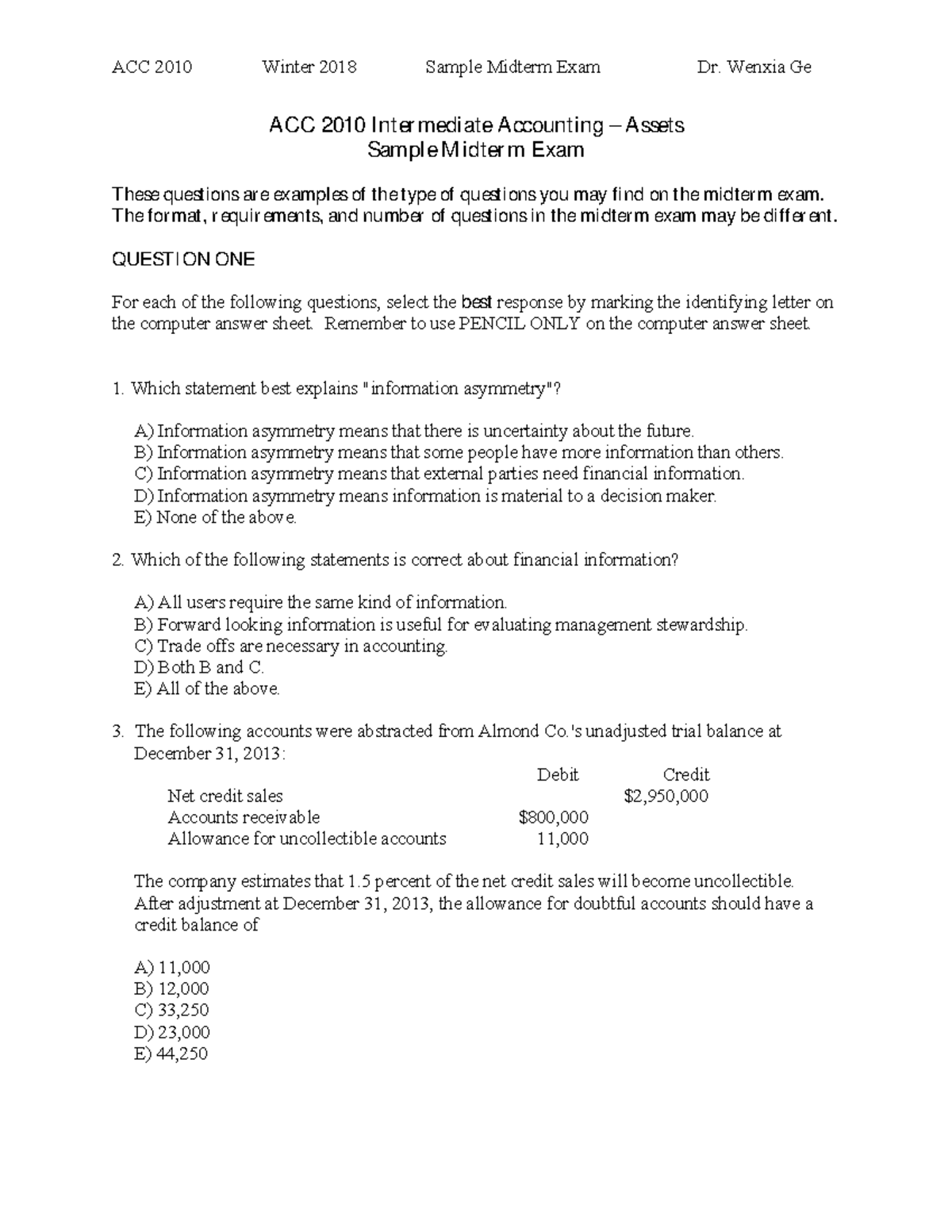 Midterm Exam 1 - ACC 2010 Intermediate Accounting Questions & Answers ...