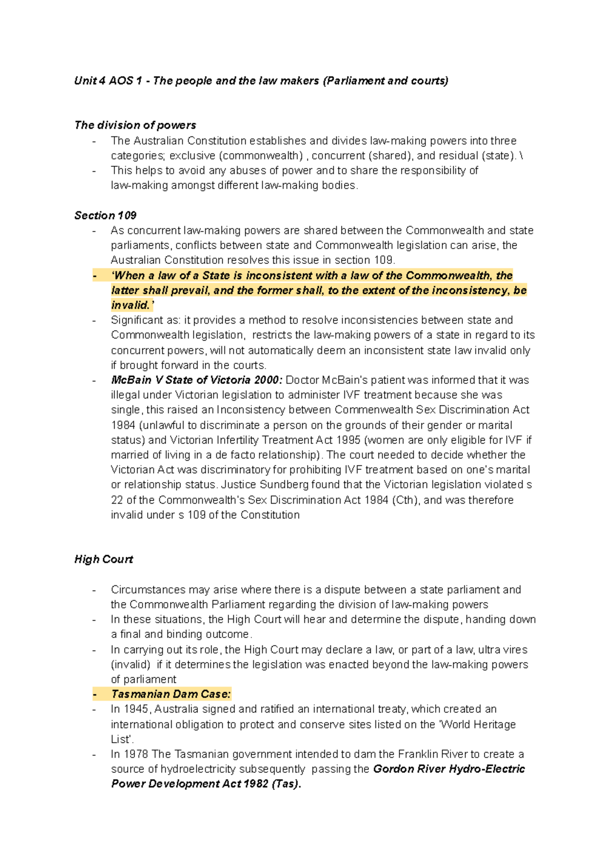 Unit 4 AOS 1 Legal Studies: The Division of Powers and Lawmaking - Studocu