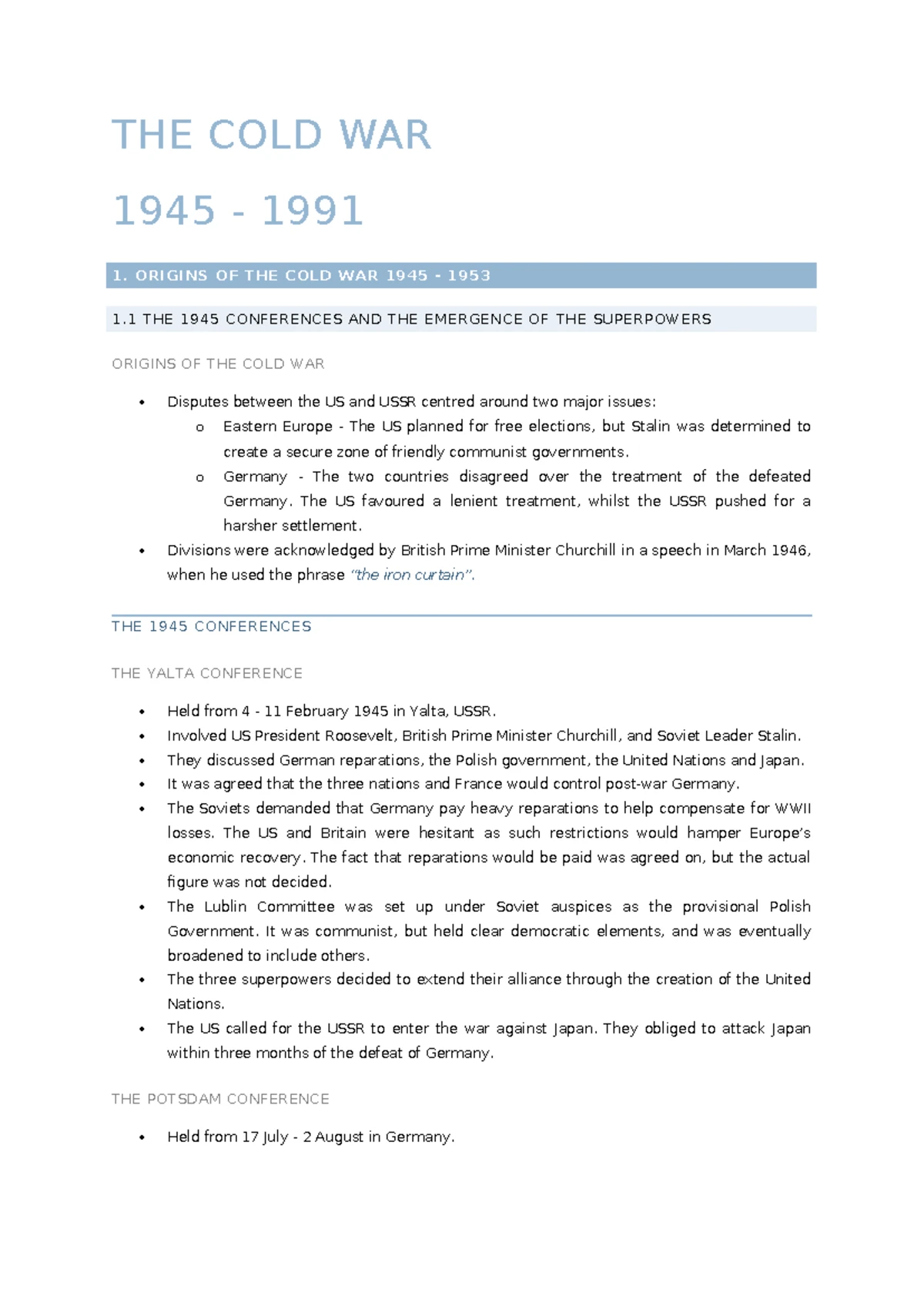 Cold War (1945-1991) Study Notes: Key Events & Impacts - Studocu