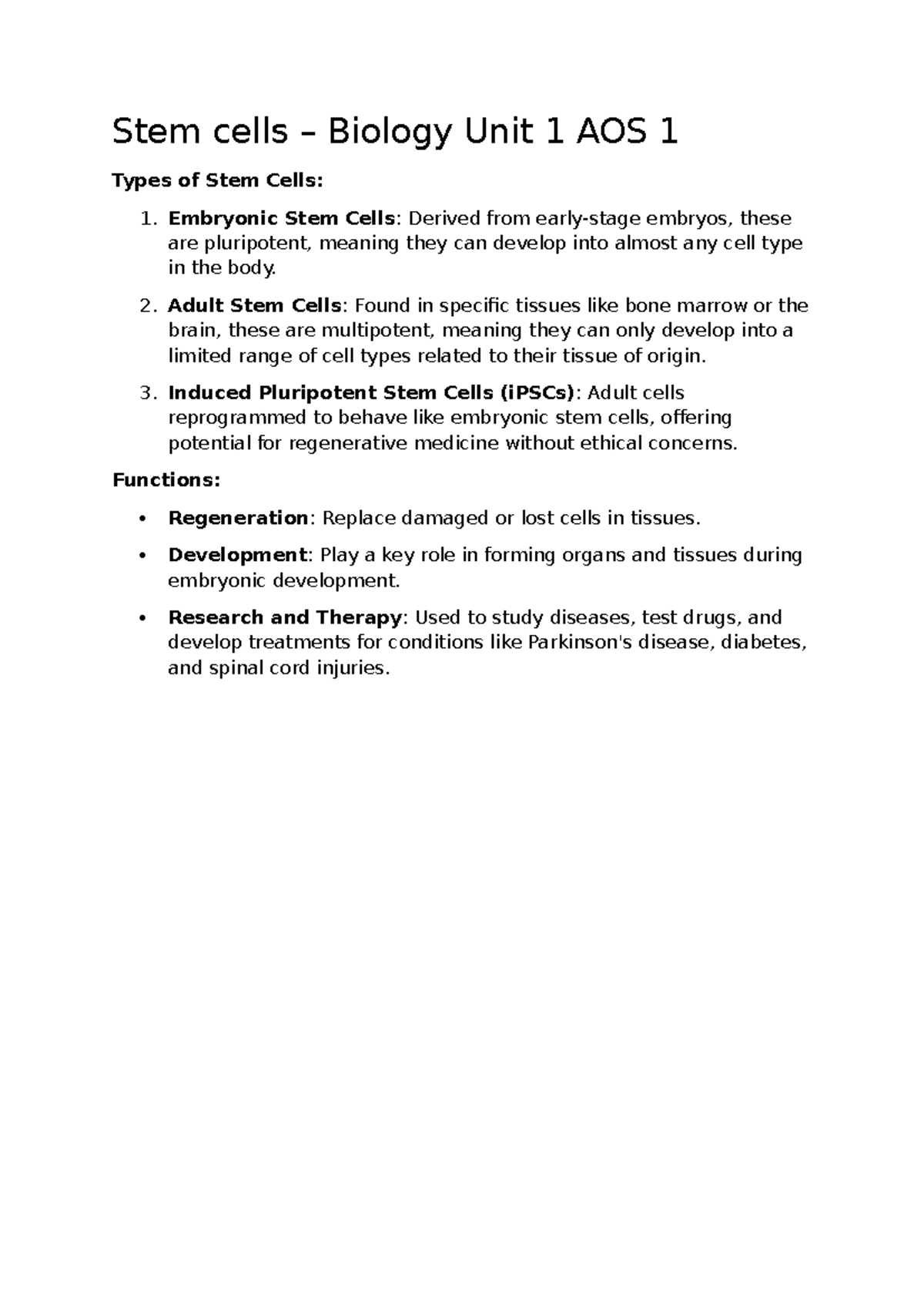 Stem Cells Biology Unit 1 AOS 1: Types and Functions Explained - Studocu