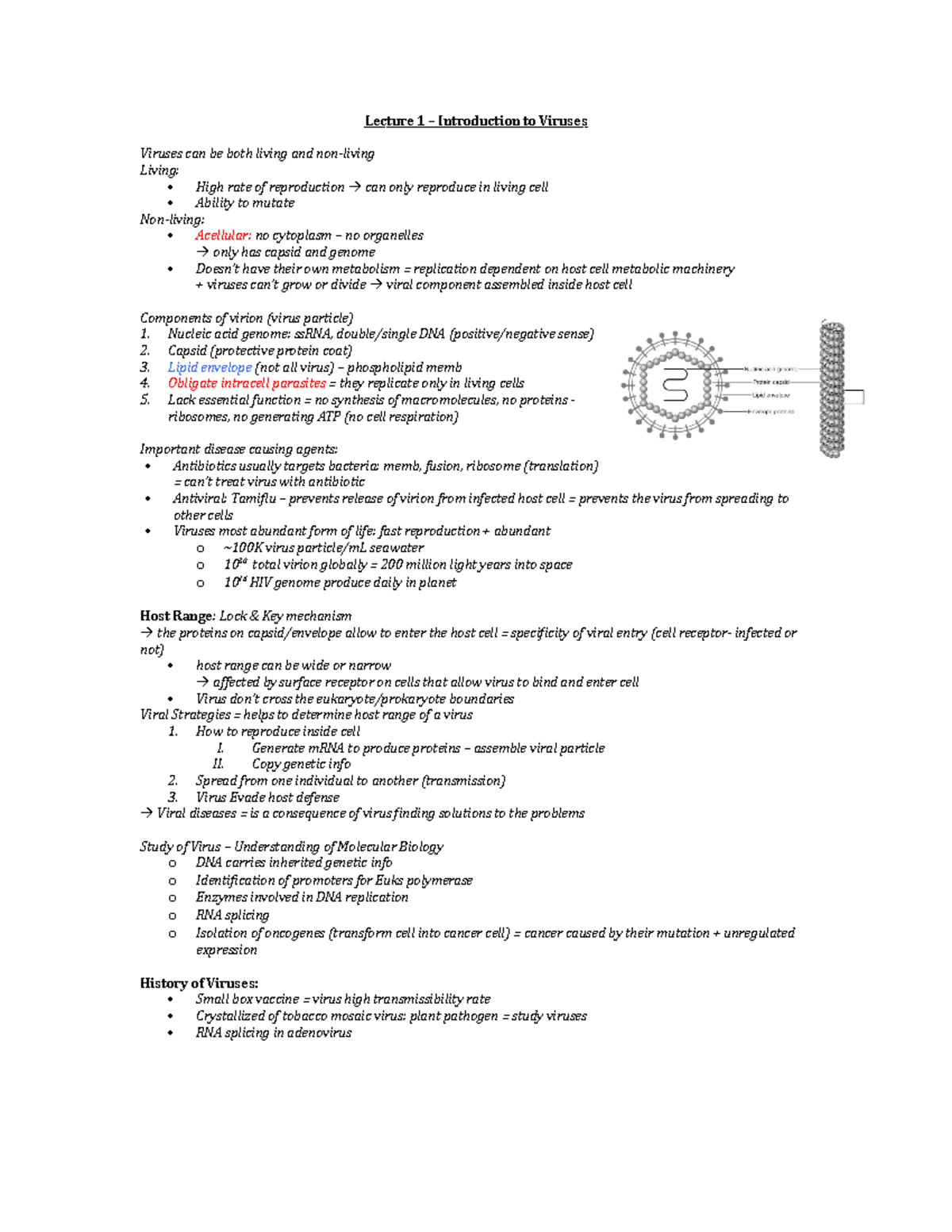Lecture 1: Introduction to Viruses - Key Concepts & Overview - Studocu