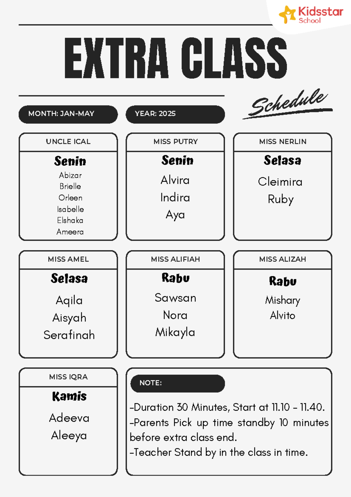 New Extra Class Schedule 2025 - Schedule EXTRA CLASS UNCLE ICAL MONTH ...