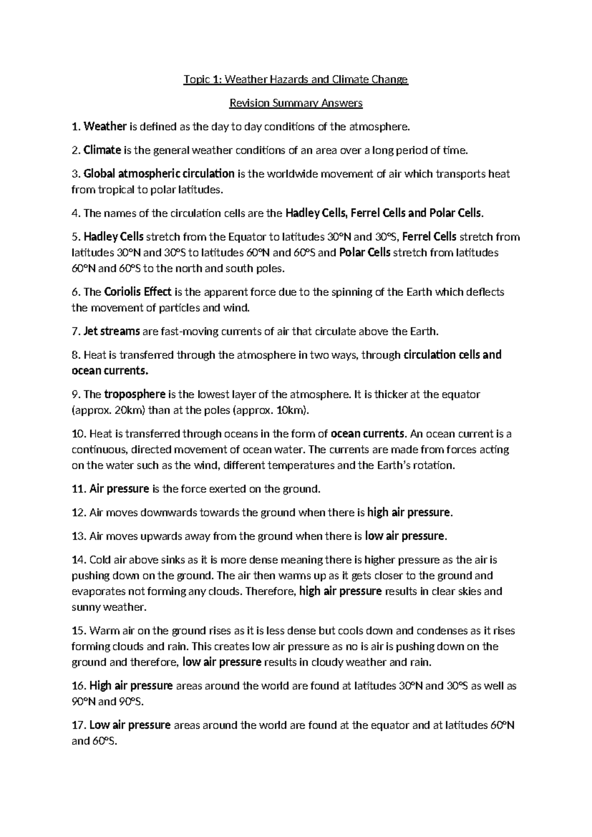 Weather Hazards & Climate Change Summary - Topic 1 Answers - Studocu