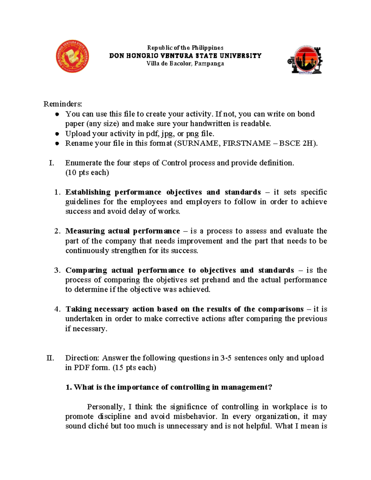 ENGM 101 - Final Exam Notes on Control Process in Management - Studocu