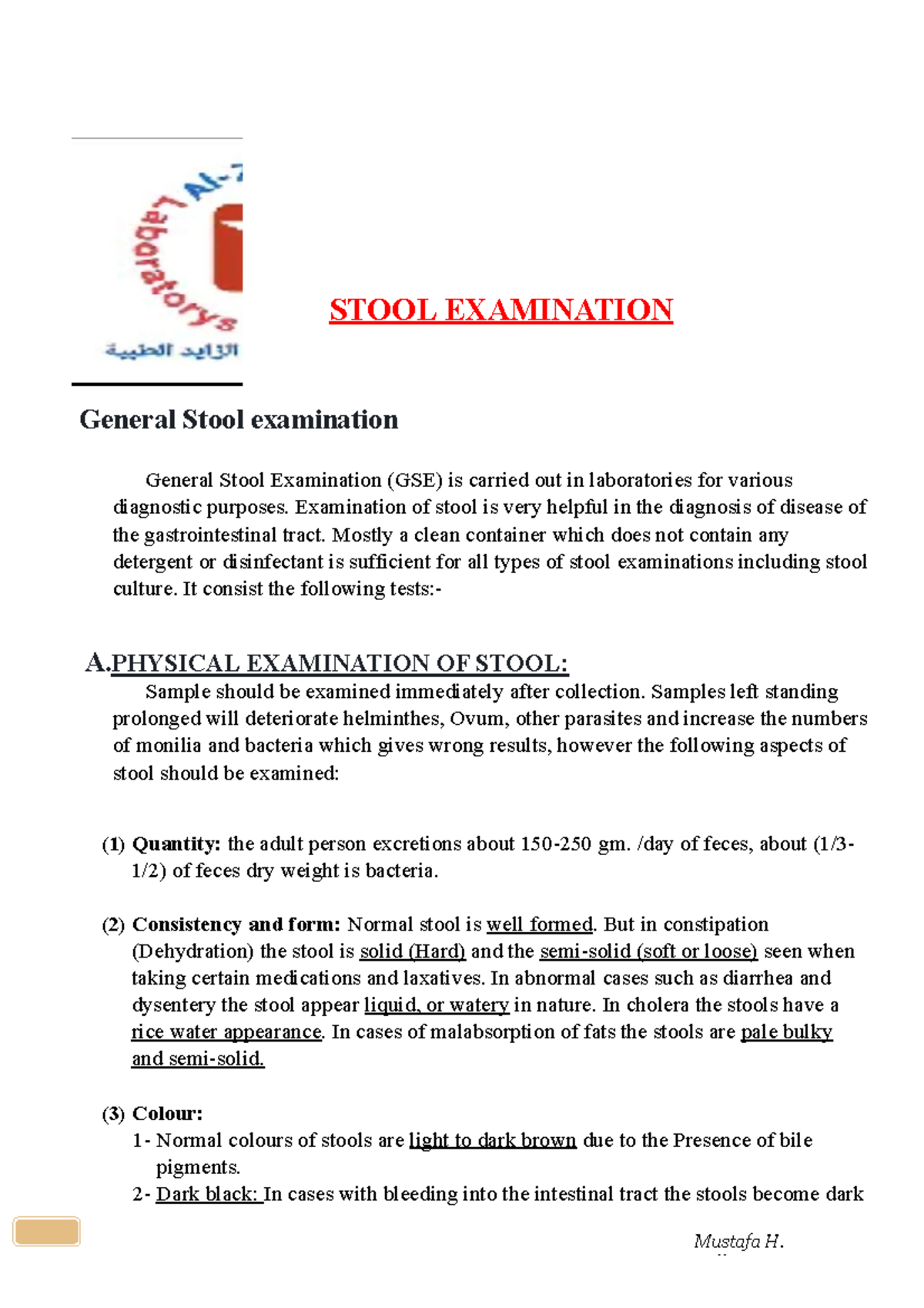 STOOL EXAMINATION NOTES FOR DIAGNOSTIC LABS - 2022 Analysis - Studocu