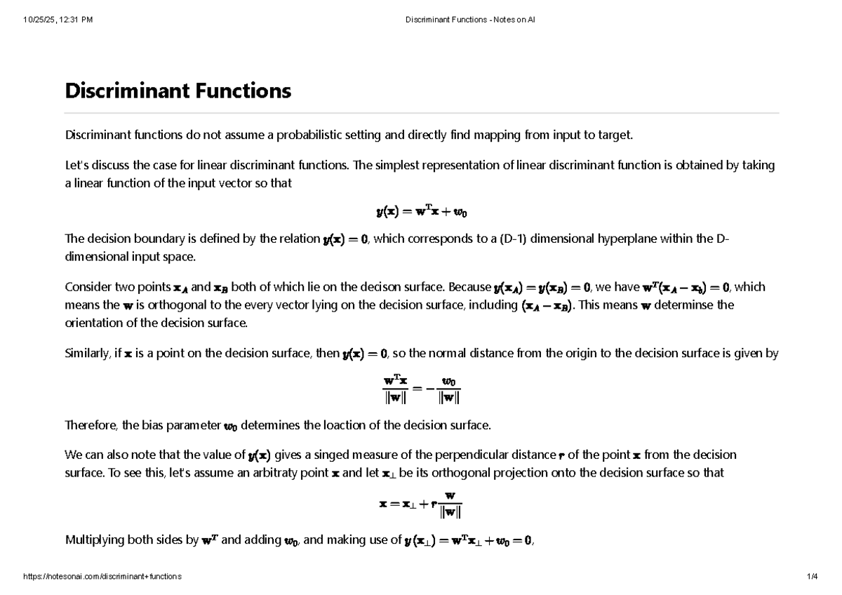 Discriminant Functions Notes on AI: Understanding Linear Functions ...