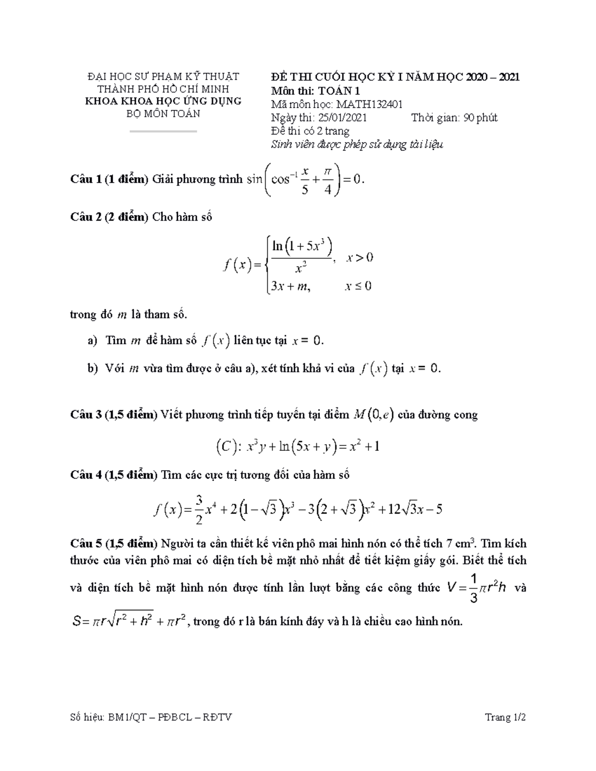 Đề Thi Cuối HK1 2020-2021 - Môn Toán 1 (MATH 132401) - Studocu