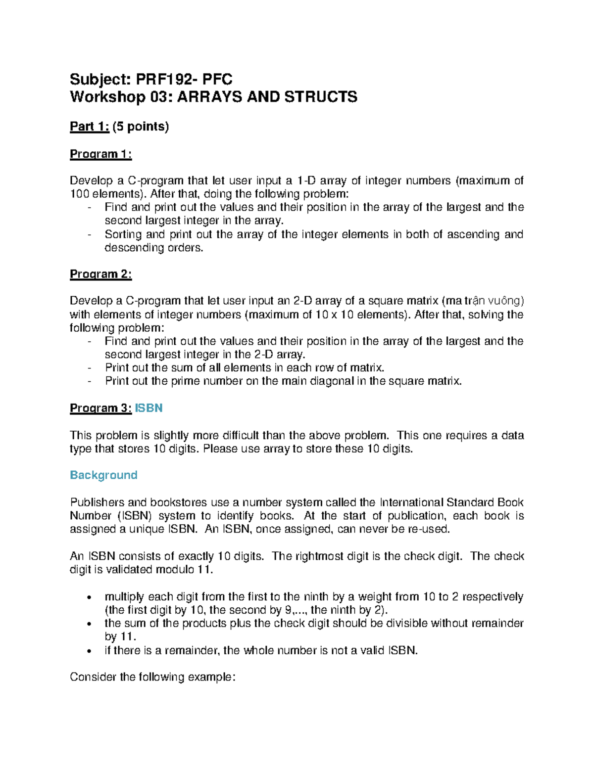 PFC Workshop 03: Arrays, Structs & ISBN Validation Programs - Studocu