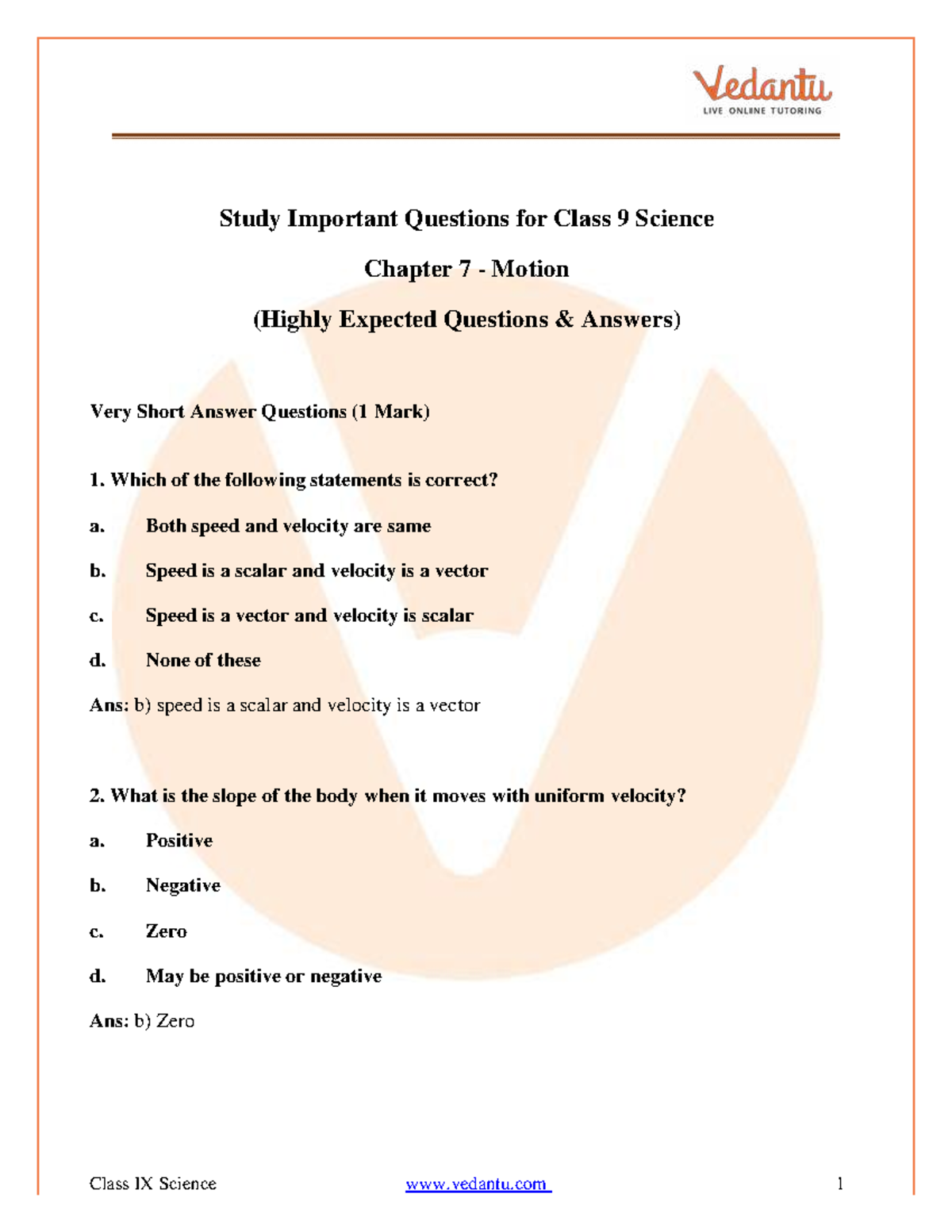 CBSE Class 9 Science Chapter 7 - Motion Important Questions 2024-25 ...