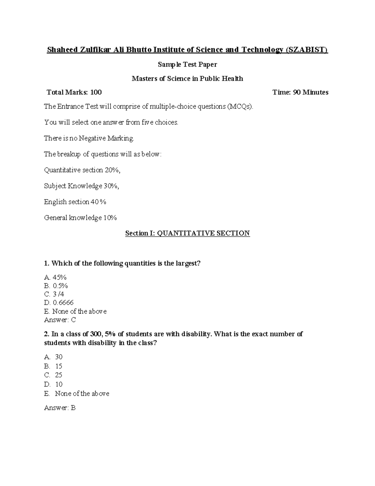Sample Test Paper for MSPH Admissions 2022 at SZABIST - Studocu
