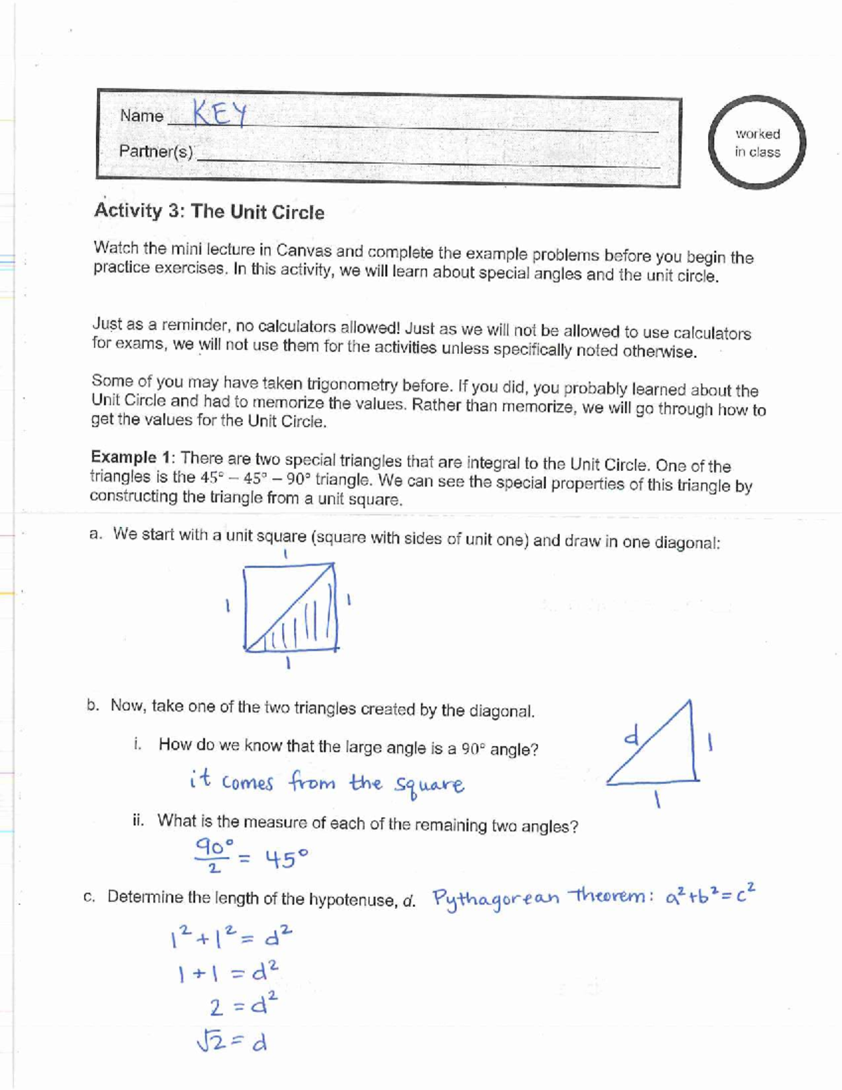 KEY - MATH 101 - Activity 3: Understanding the Unit Circle - Studocu