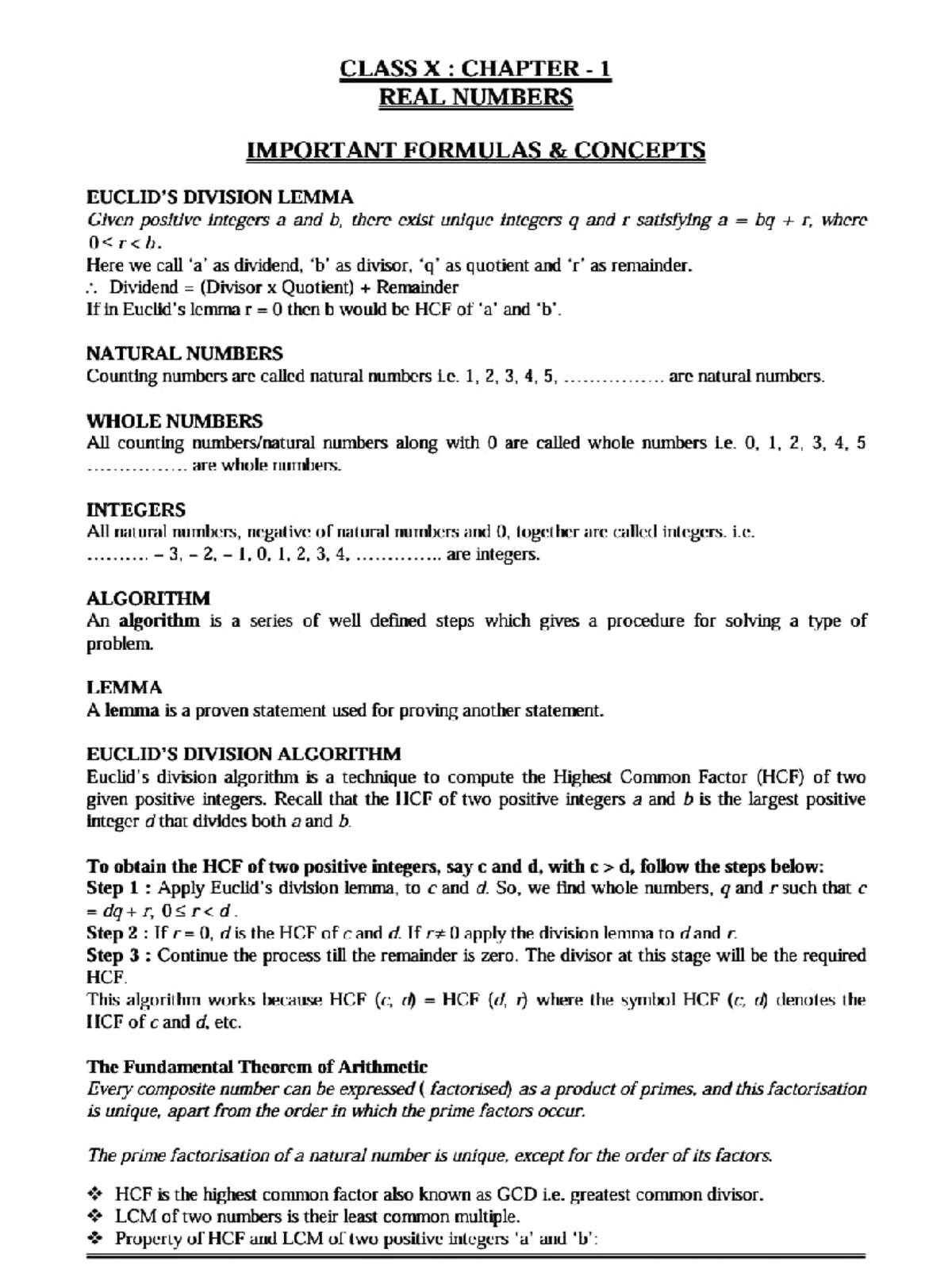 Real Numbers X - EUCLID'S DIVISION LEMMA Given positive integers a and ...
