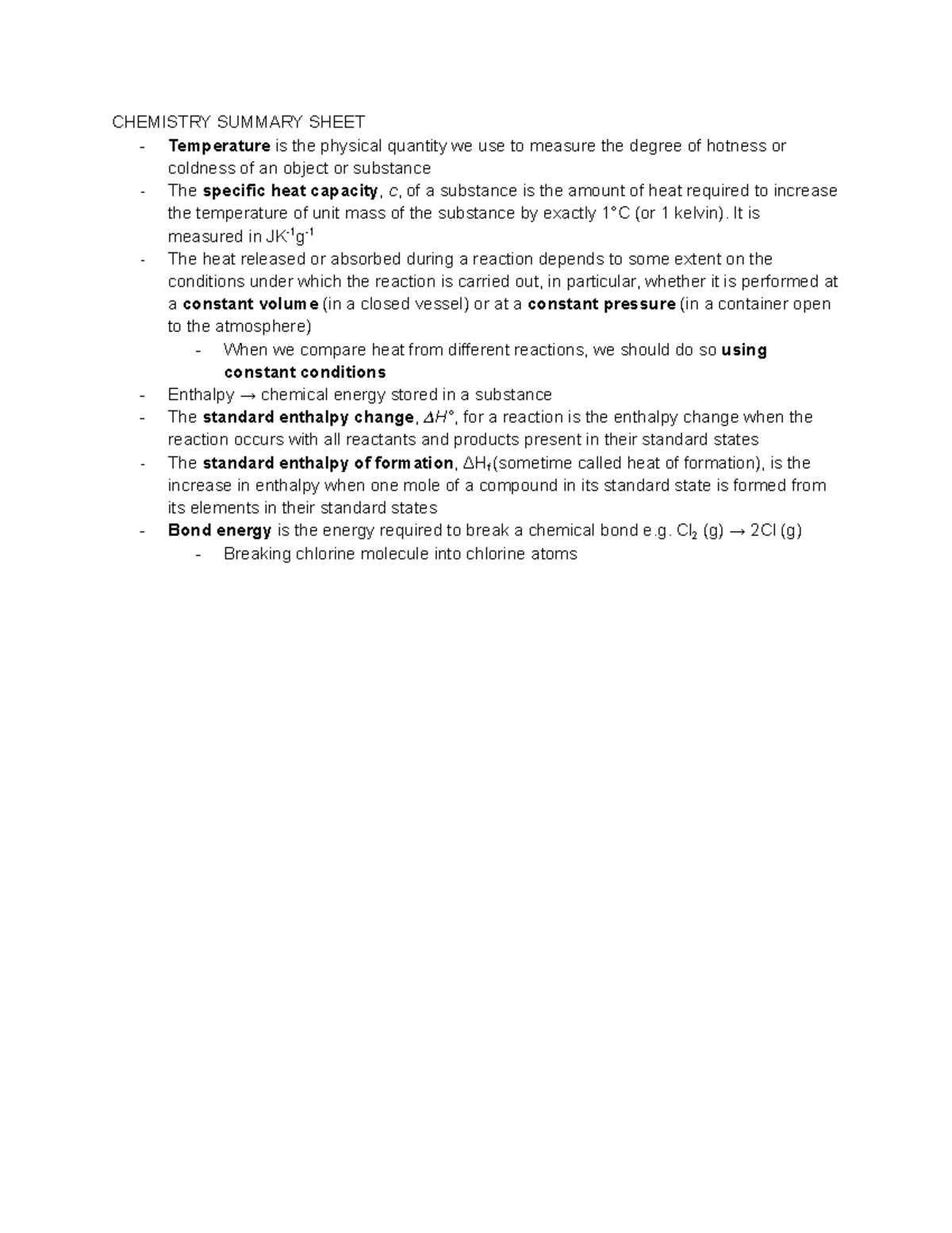 CHEM 101 Chemistry Summary Sheet: Key Concepts and Definitions - Studocu