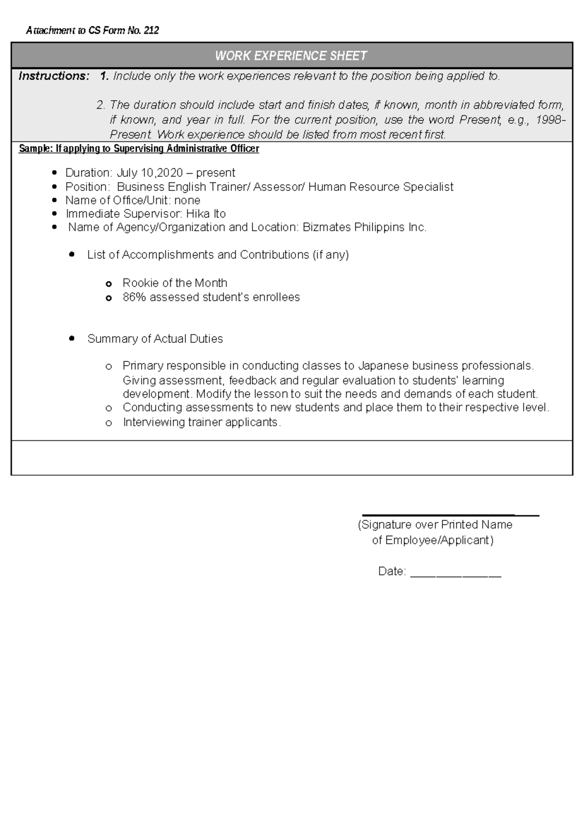 CS Form No. 212: Work Experience Sheet Instructions & Sample - Studocu