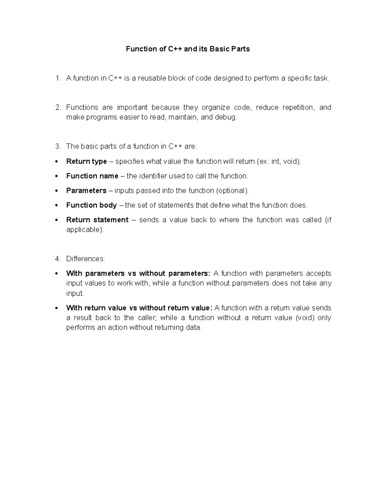 Function of C++: Understanding Its Basic Parts and Roles - Studocu