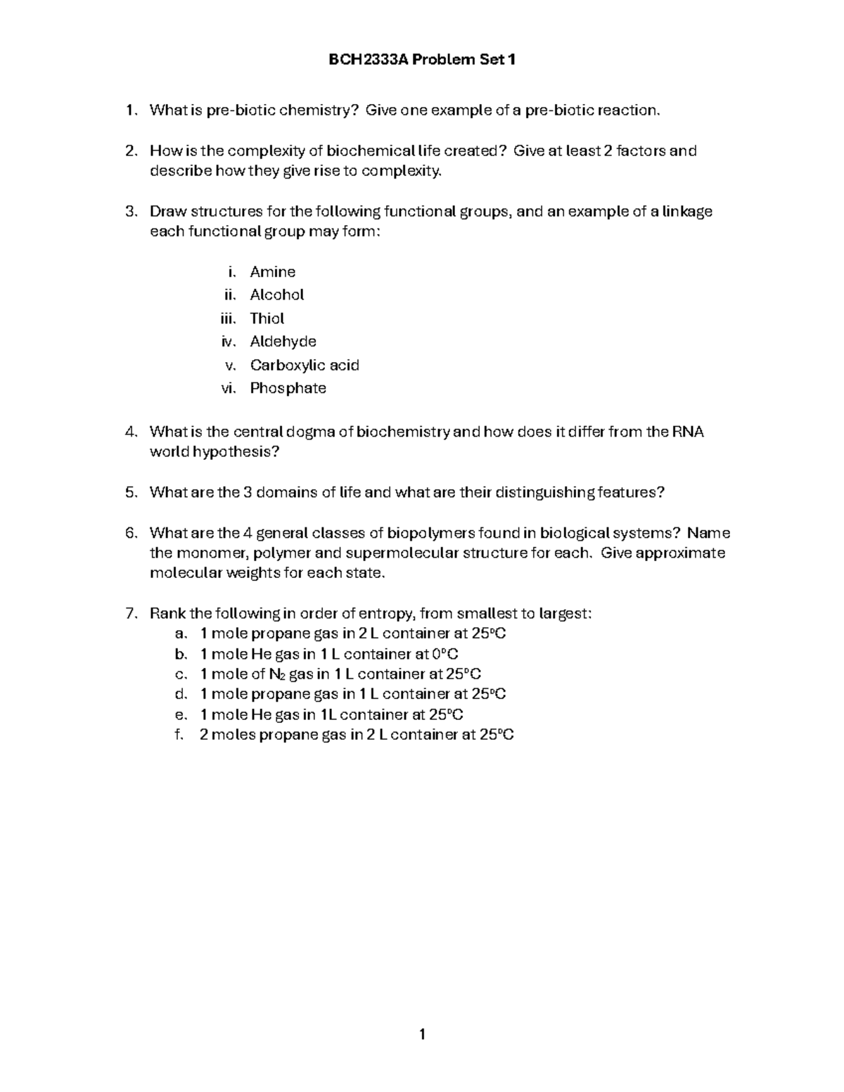 Problem Set 1 for mid term 1 - BCH2333A Problem Set 1 1 What is pre ...