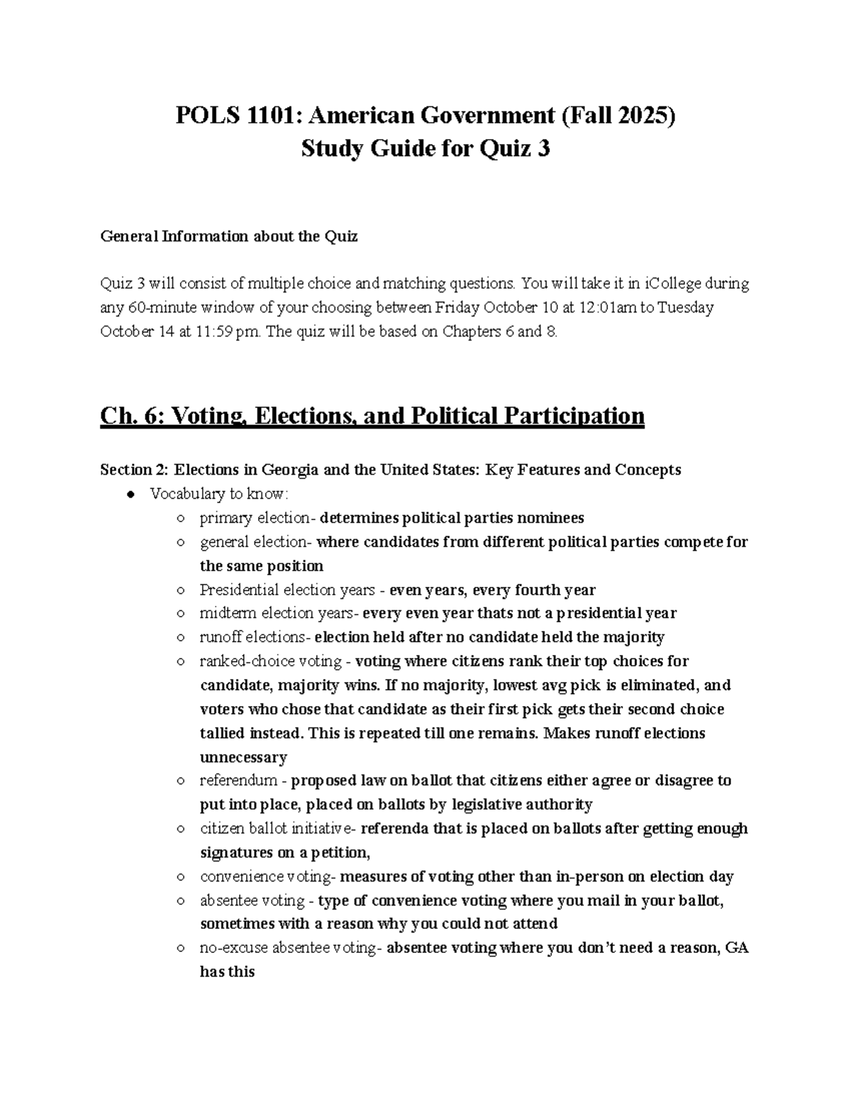 POLS 1101: Quiz 3 Study Guide on American Government (Fall 2025) - Studocu