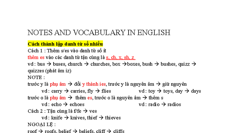 English Vocabulary Notes: Plural Noun Formation Techniques - Studocu