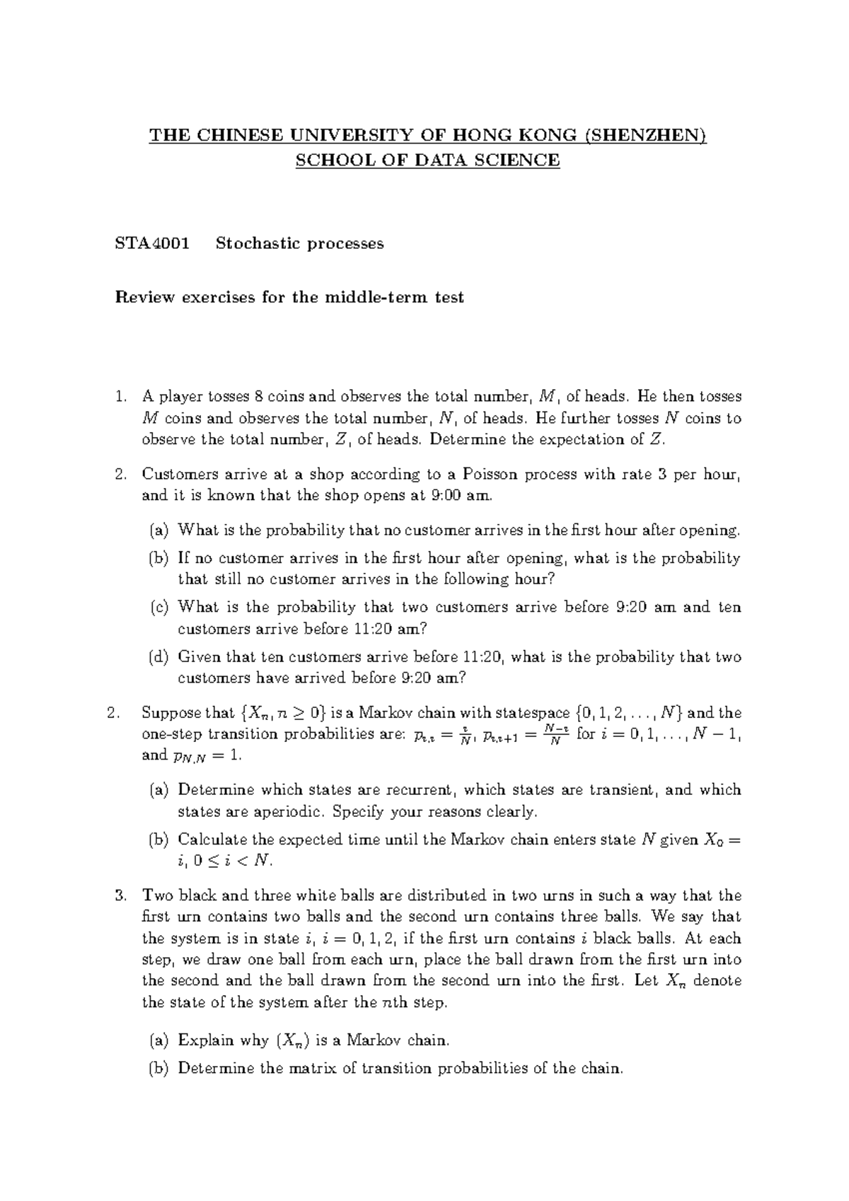 Midterm Review for STA4001: Stochastic Processes Exercises - Studocu