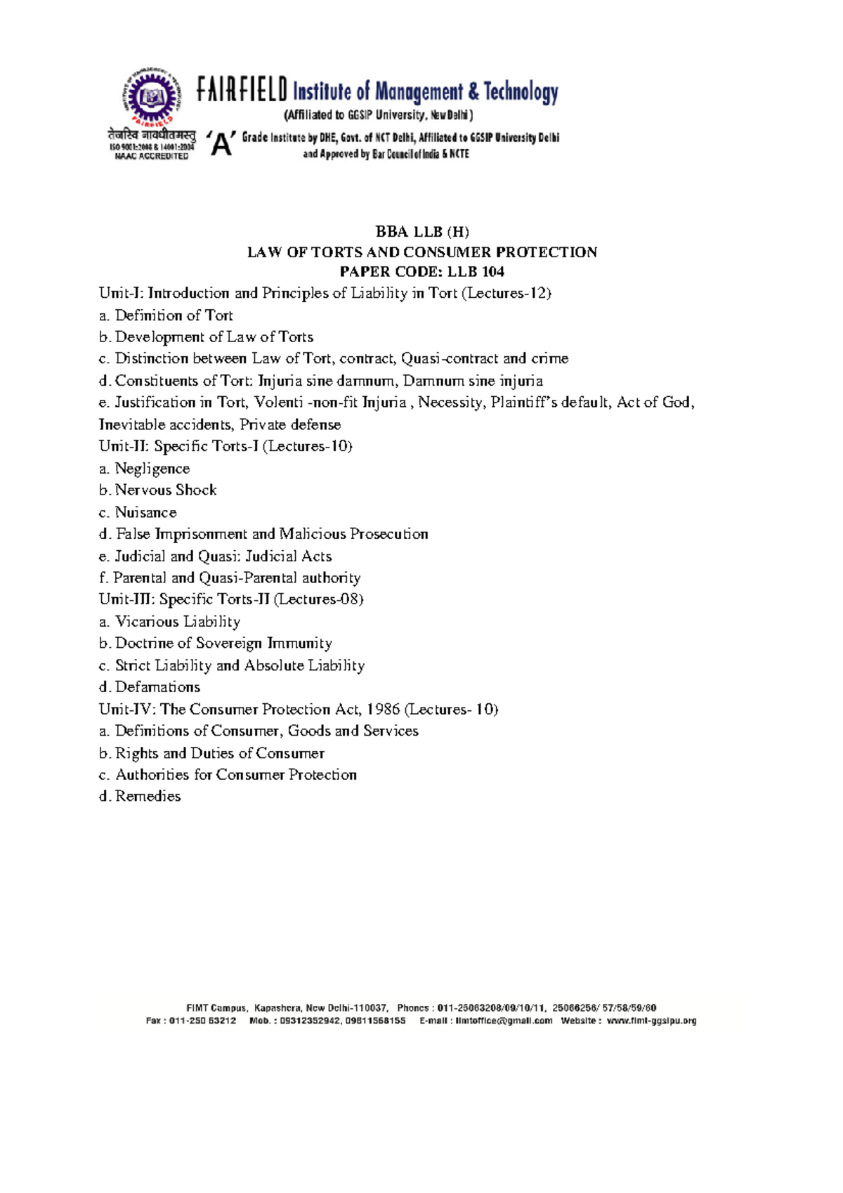 LB 104 - Final Exam Notes on Law of Torts and Consumer Protection - Studocu