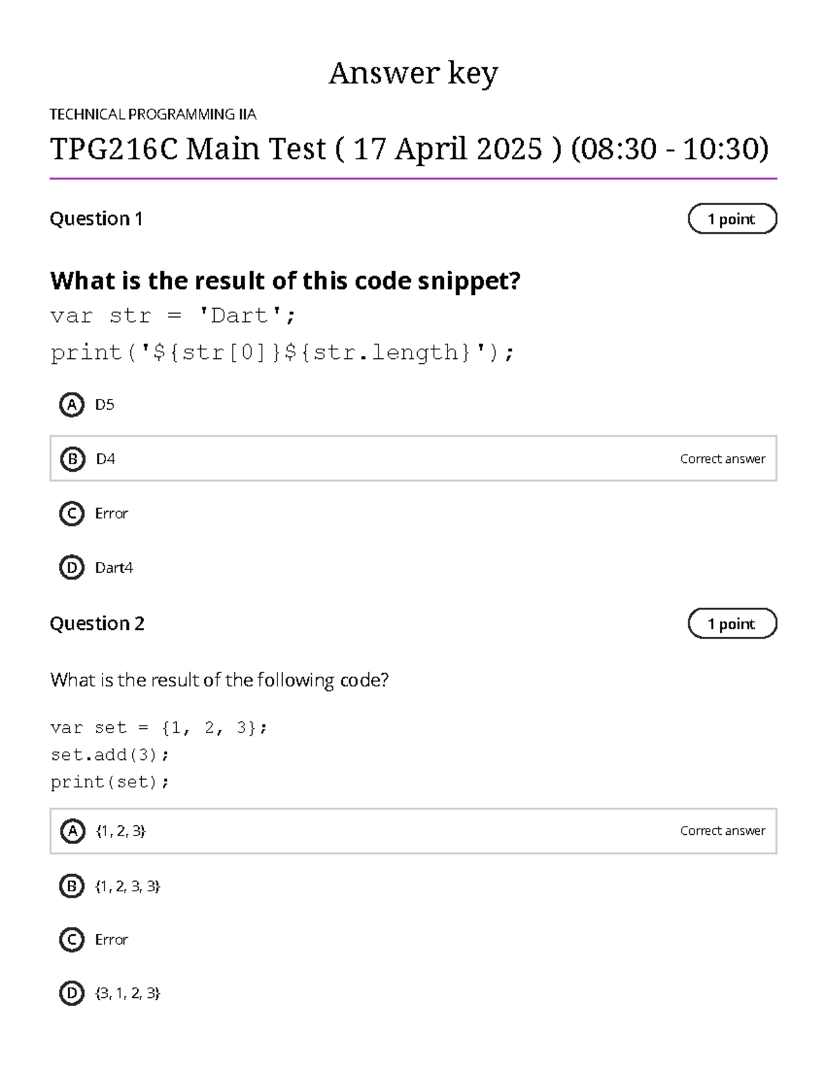 TPG216C Technical Programming IIA Main Test Answer Key (April 2025 ...