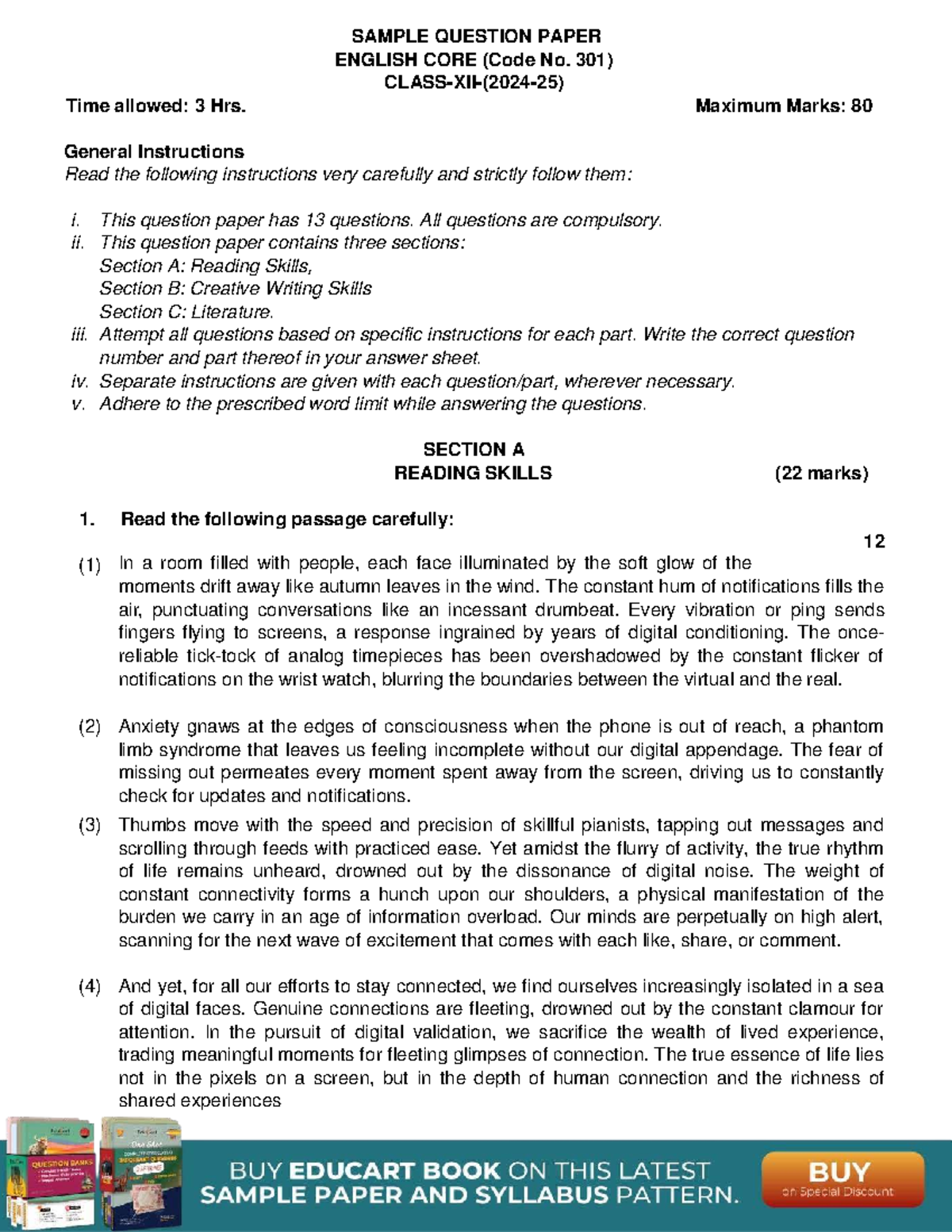 2024-25 CBSE Class 12 English Core Sample Question Paper - Studocu