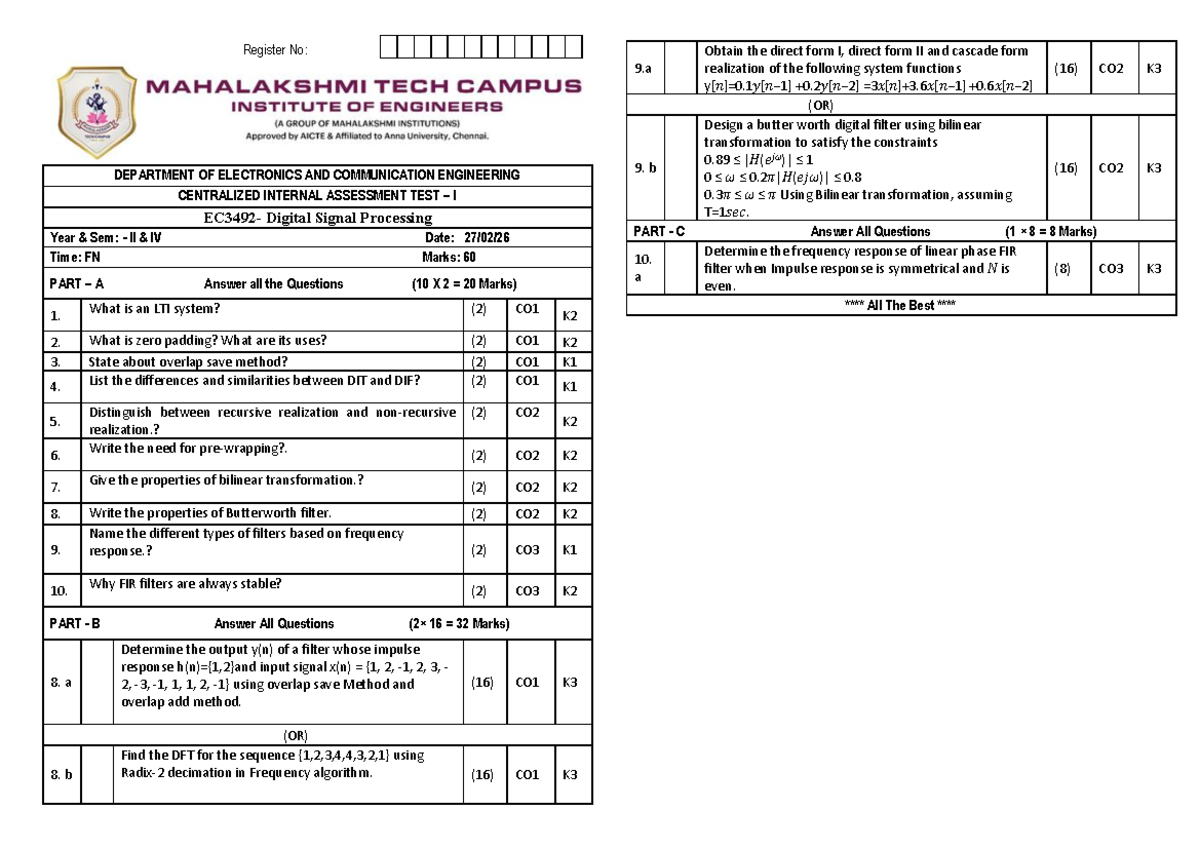 IA1 EC3492 - DSP Centralized Internal Assessment Test I - Studocu