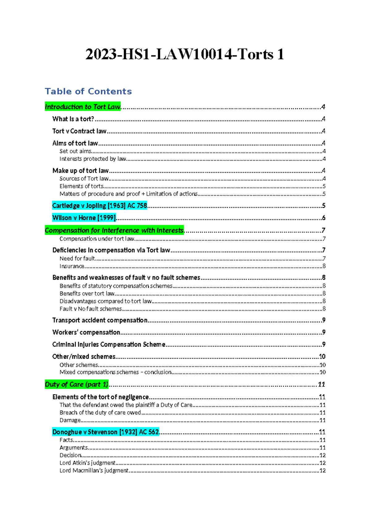 Torts 1 Class Notes: Key Concepts and Case Law Overview - Studocu