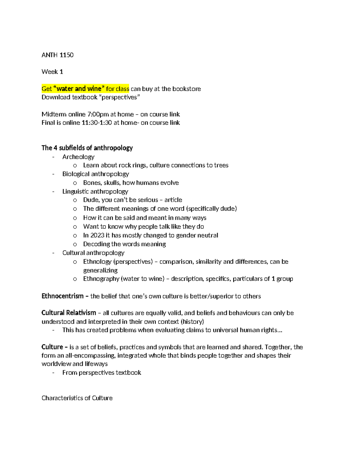 Anth 1150 week 1 notes on the four subfields of anthropology - Studocu