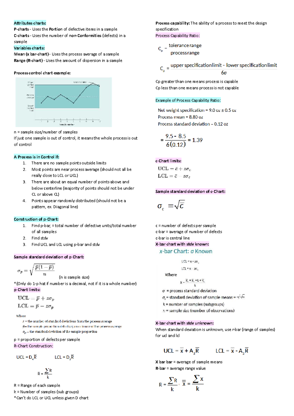 BU 375 Assignment 1: Process Control & Capability Cheat Sheet - Studocu
