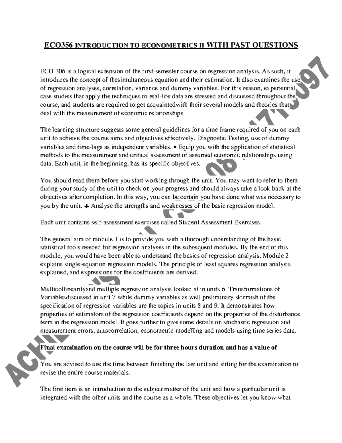 ECO356 Final Exam Study Guide: Introduction to Econometrics II with ...