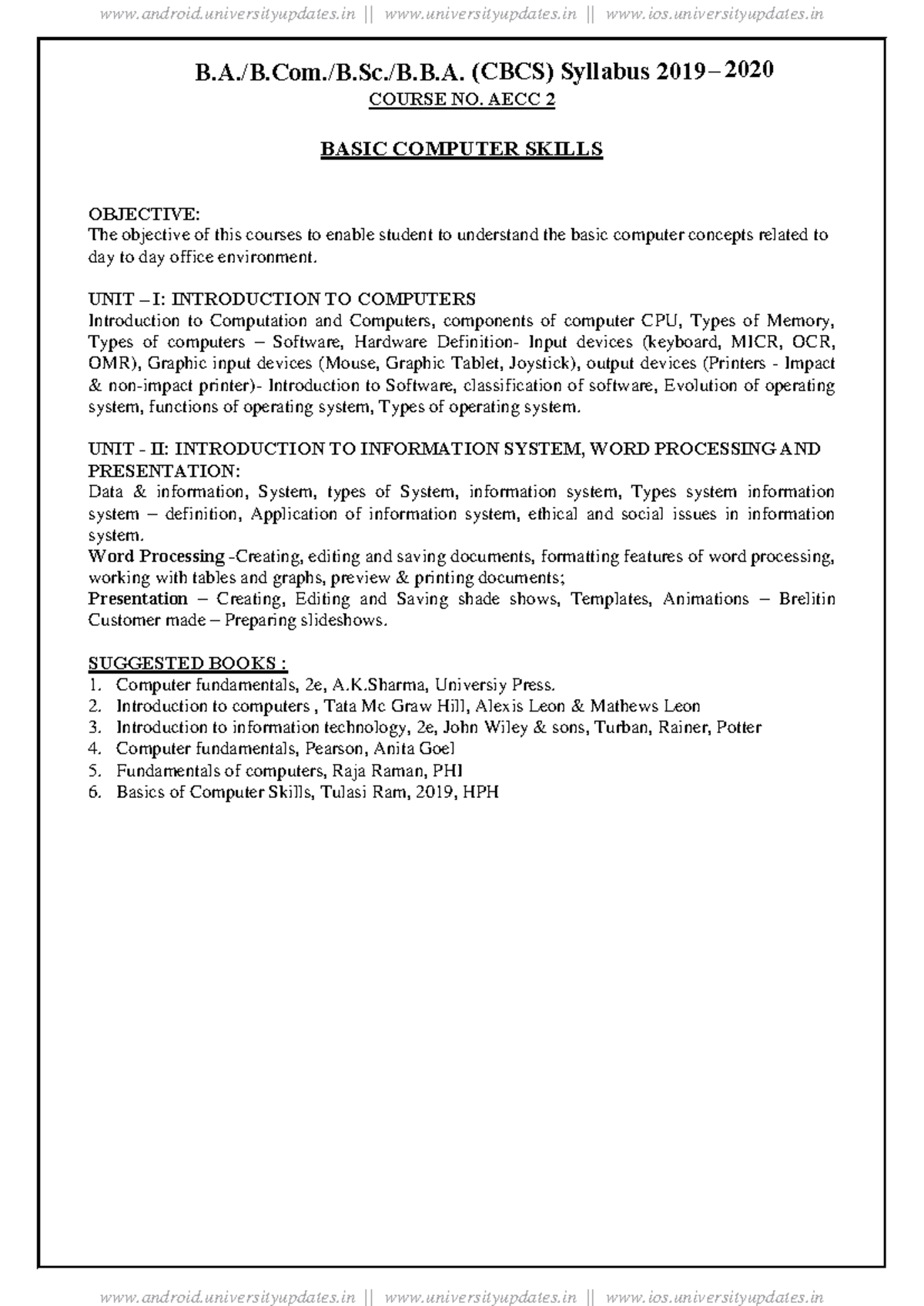 Basic Computer Skills AECC-2 for BA BCom BSc BBA Combined Course - Studocu