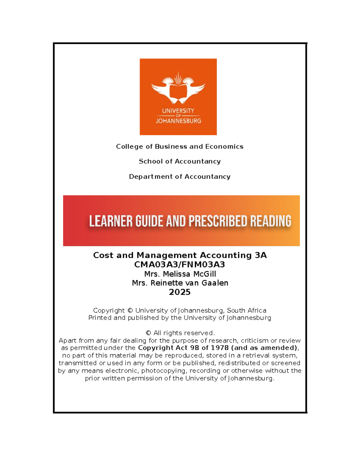 Learning Guide for Cost and Management Accounting 3A (CMA03A3) - 2025 ...