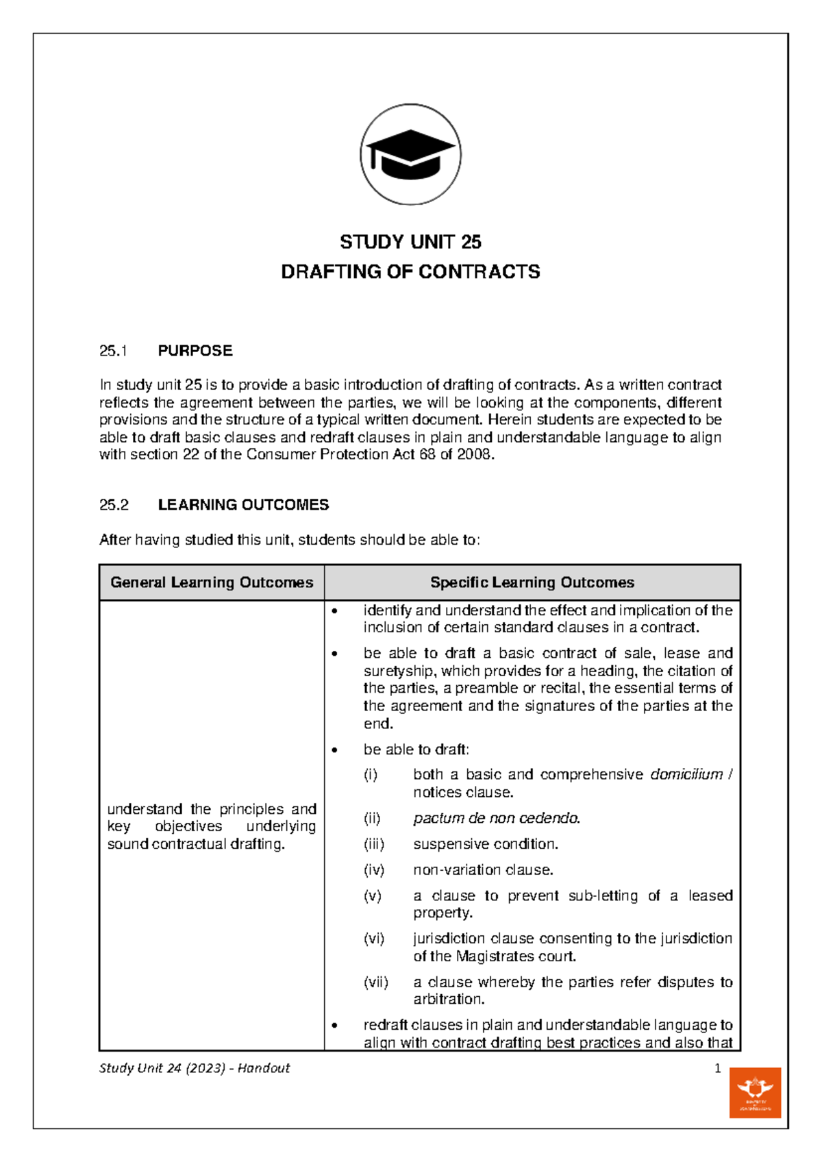 Unit 25 - Contract Drafting Principles and Learning Outcomes Handout ...