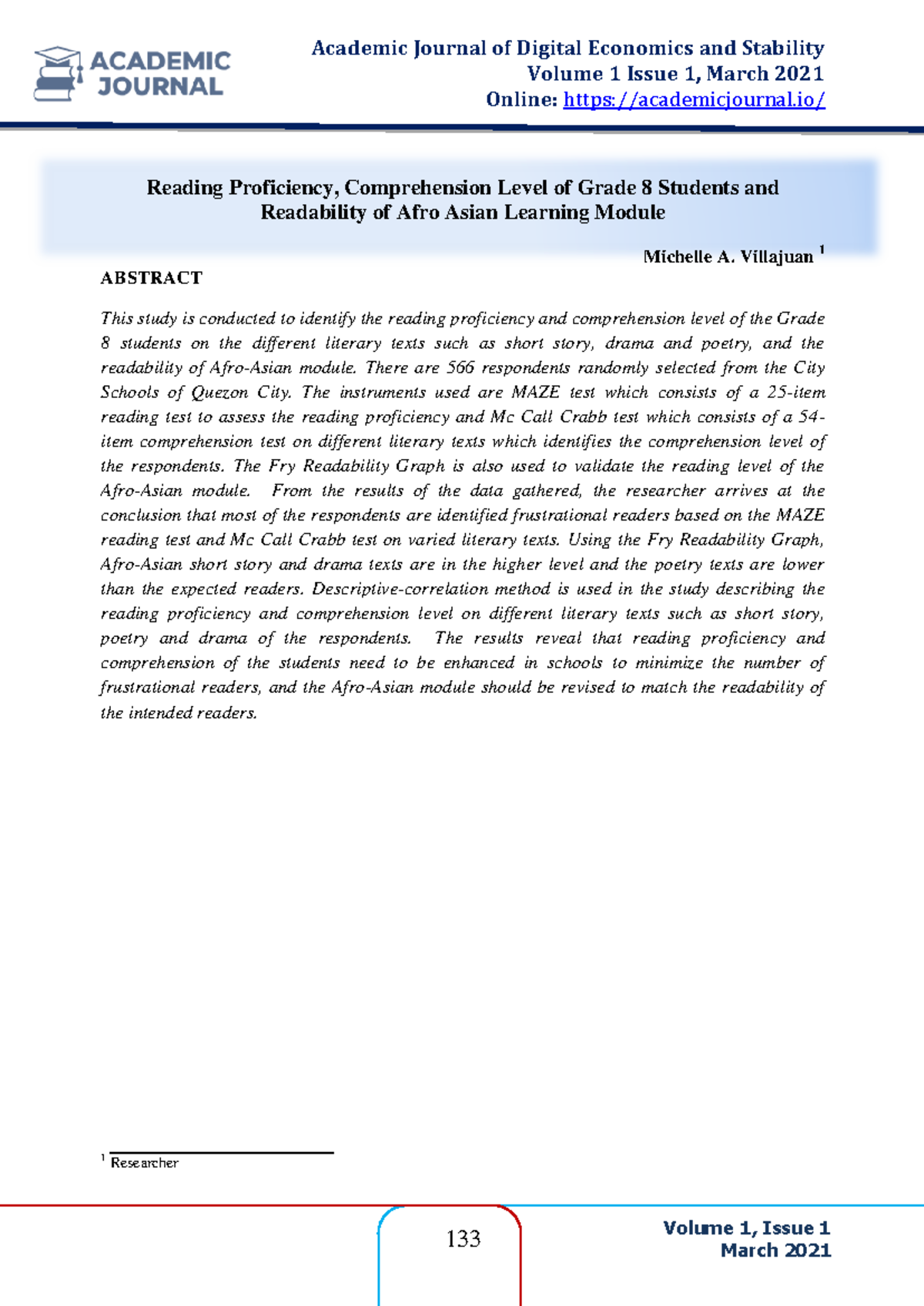 Reading comprehension using MAZE - Volume 1, Issue 1 133 Volume 1 Issue ...