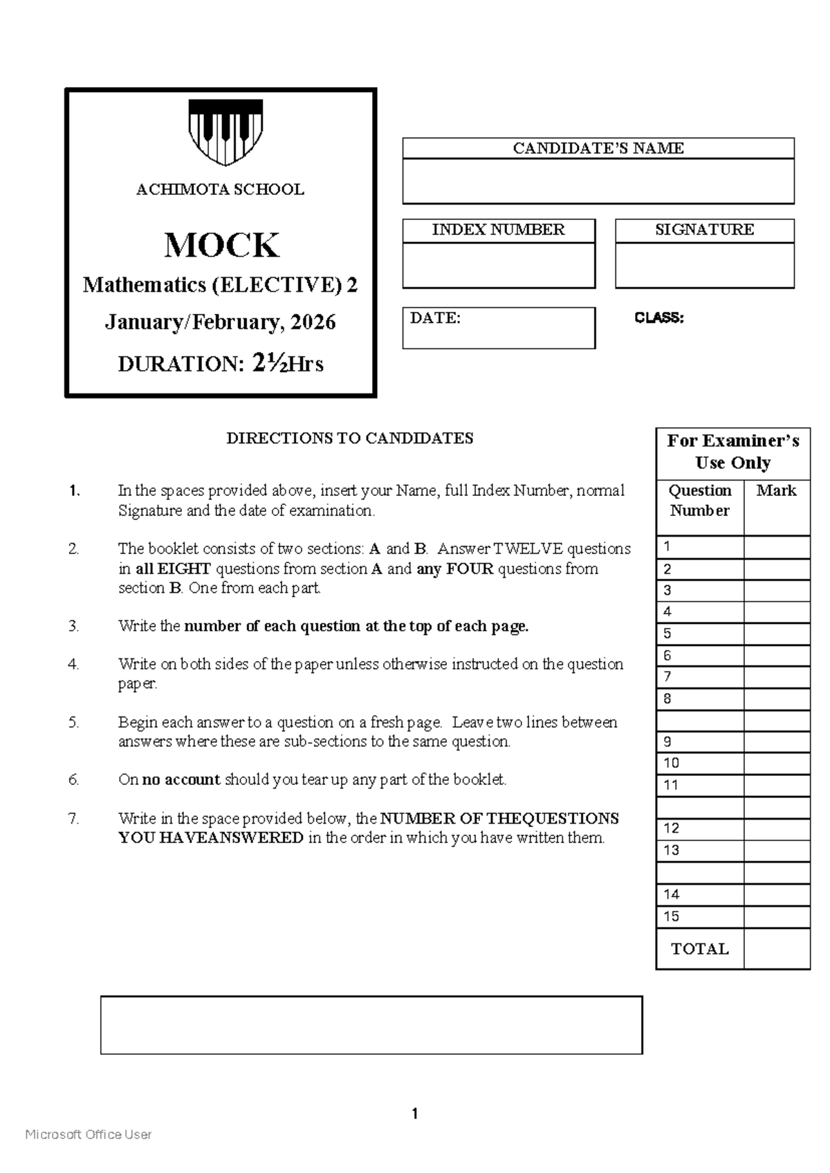 Mathematics (ELECTIVE) 2 Mock Exam 2026 Guidelines and Questions - Studocu