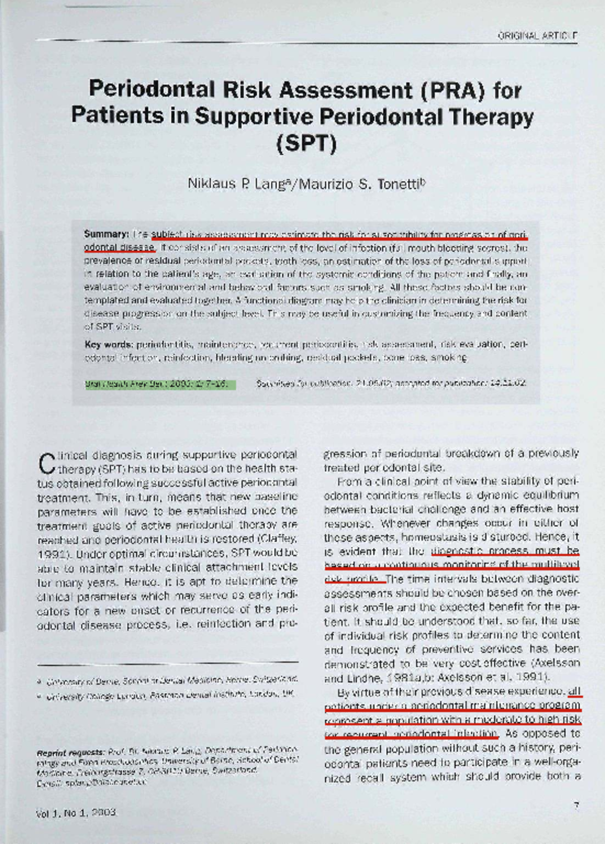 Periodontal Risk Assessment (PRA) for SPT Patients - LANG-Tonetti - Studocu