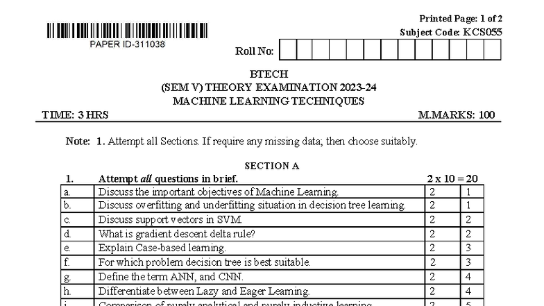BTECH (SEM V) Theory Exam: Machine Learning Techniques PYQ 2023-2020 ...