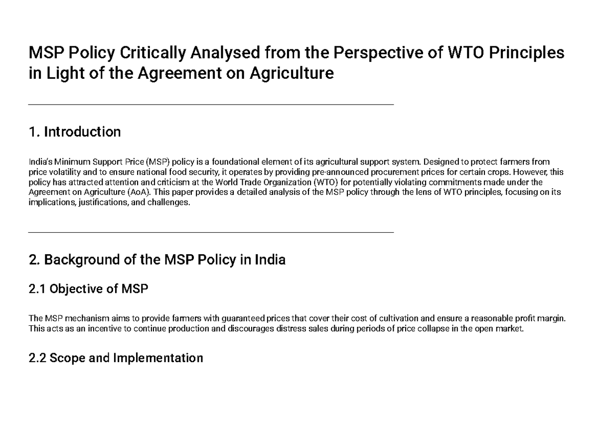 MSP Policy Analysis: WTO Principles & Agreement on Agriculture Insights ...