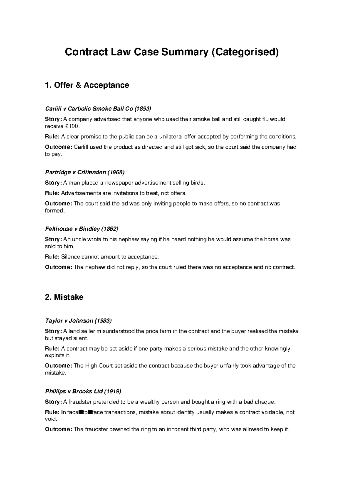 Contract II Case Summary: Key Cases on Offer, Mistake & Pressure - Studocu