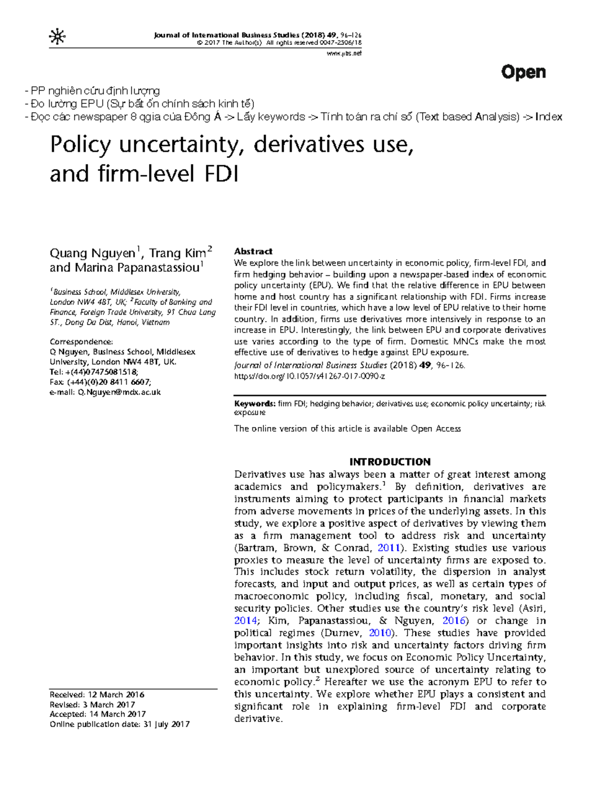 JIBS Paper 12.1.5 - Policy Uncertainty and Its Impact on FDI ...