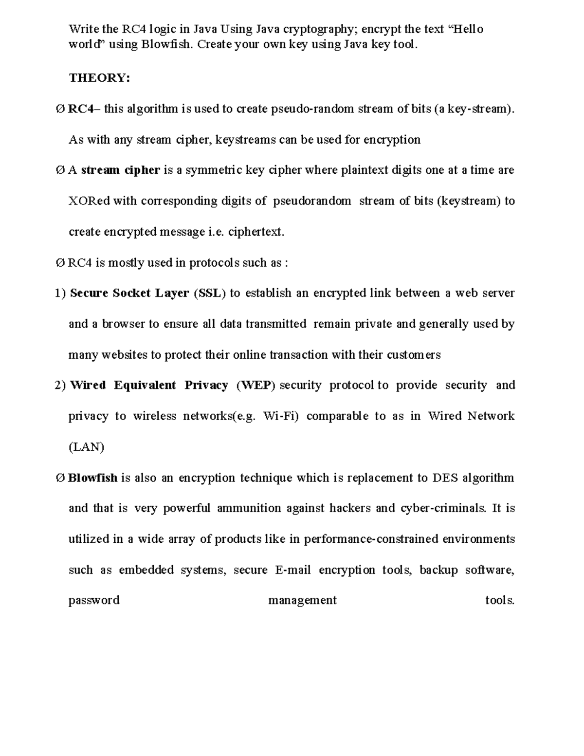 CNS - Java Encryption Techniques: RC4, Blowfish, and DES Overview - Studocu