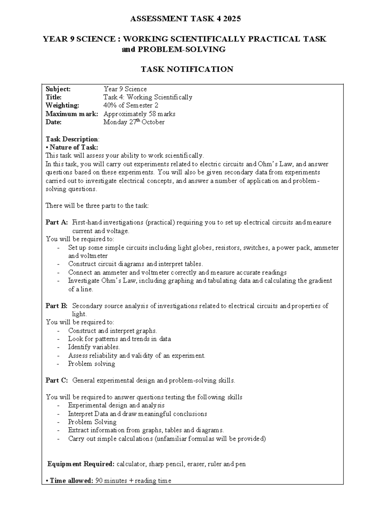 Year 9 Science Assessment Task 4: Working Scientifically 2025 - Studocu